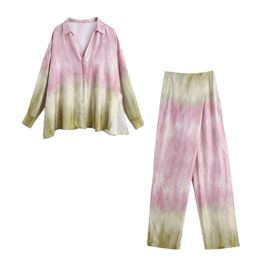 Women Two Piece Set Multiway Tie dye Shirt & Wrap Trousers Chic Lady Fashion Casual Cozy Woman Outfits Pants Sets 211105