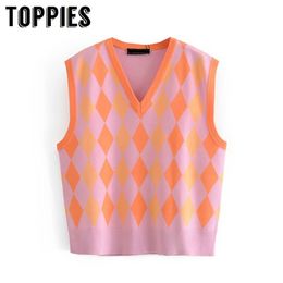 Toppies Spring New Diamond Pattern V Neck Waistcoat Women Knit Orange Vest Coats Preppy Style Waistcoats 210412