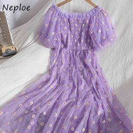 Neploe Sexy Slash Neck Clavicle Exposed Dress Women Pullover Short Sleeve Print Vestidos High Waist Hip A Line Robe Summer 210423