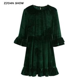 Elegant Fashion Ruffled Velvet Mini Dress Women Vintage Three Quarter Sleeve Ruffles Back Zipper Female Dresses Velour 210429