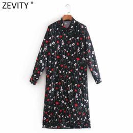 Zevity Women Fashion Flower Print Breasted Straight Shirt Dress Office Lady Turn Down Long Sleeve Casual Business Vestido DS4750 210603