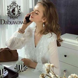 Dabuwawa Sexy Deep V-Neck Women Shirts Tops Ruffle Sleeve Spring Autumn Holiday Wear Solid Blouse Female Lace Up DO1AST014 210520