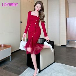 Red sexy square neck slim dress fishtail mesh medium length Office Lady Polyester Zippers Knee-Length 210416