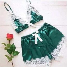 Summer Sexy Intimates Underwear Simulated Silk Bra And Interesting Underwear Customized Production Of Green Lace Sexy Women's Suit 211203