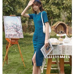 Korean O-Neck Pleated/Sexy Dress Pencil Short Sleeve Bodycon Mid-Length Dress Women Summer Elegant Cotton Party Dresses 210527