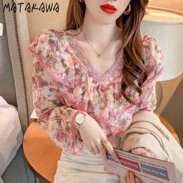 MATAKAWA Summer Tops Sweet Ruffled V-neck Blouse Women Floral Chiffon Shirt Flared Sleeve Loose Fashion Blusas Mujer De Moda 210513