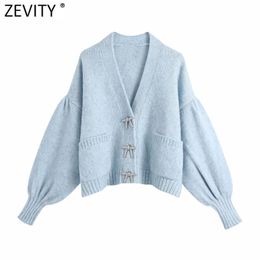 Women Fashion Solid Diamond Bow Buttons Leisure Knitting Sweater Femme Chic Lantern Sleeve Casual Cardigan Tops S632 210420