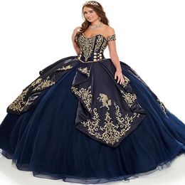 Elegant Mexican Navy Blue Embroidery Quinceanera Dresses 2022 Corset Lace Up Sweet 16 Dress Ball Gown Prom Party Wear Vestidos De 15 Años Robe Mariée