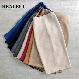 REALEFT Autumn Winter Women's Elegant Suede Sheath Midi Skirts High Waist Solid Chic Wrap Back Split Pencil 210629