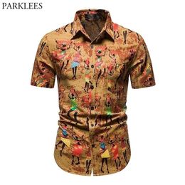 Dashiki Pattern Print Hawaiian Shirt Men Summer Short Sleeve Cotton Linen Shirts Mens Casual Holiday Beach Wear Shirt 3XL 210522