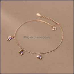 Jewelry Anklets Genuine 925 Sterling Sier Cute Purple Zircon Bear Three Bears Drops Ankle Bracelets Foot Chains For Women Drop Delivery 2021