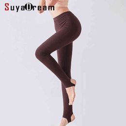 SuyaDream Women Autumn Winter Silk Long Johns Lace V neck Solid Knitted Thermal Pants 211117