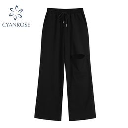 Streetwear Wide Leg Sportpants Women Black Spring High Waist Elastic Lace Up Oversized Baggy Pants Female Hiphop Trousers 210515