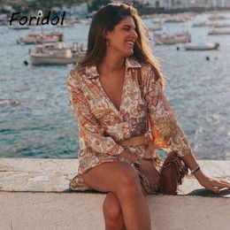 Woman Short Kimono Robe Dress Shirt V Neck Cashew Print Flare Sleeves Side Split Vintage Mini Dress Loose Vestido Boho Dress 210415