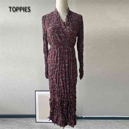Vintage Floral Printing Pleated Midi Dress Elegant Long Sleeve V-neck Woman Spliced Ruffles Hem 210421