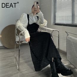 DEAT Set Spring Fashion Women Clothes Lantern Sleeves White Cotton Shirt Turn-down Collar Single Breasted And Black Skirt 210428