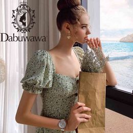 Dabuwawa Exclusive Summer Boho Print Dress Women Puff Sleeve Square Neck Single Breasted A-Line Beach Dress Female DO1BDR025 210520