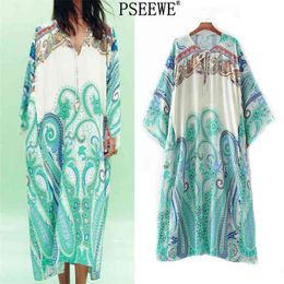 Summer Vintage Print Long Dresses Women Casual Sleeve Beach Tunic Dress Woman Asymmetic Hem Ladies 210519