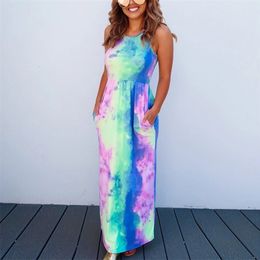 OMSJ Womens Party Summer Tie dye Dress Ladies Maxi Fashion Cocktail Ankle length Casual Plus size Sundress Sleeveless 210517