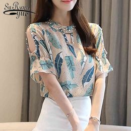 Blusa Feminina Summer Elegant Short Sleeve Floral Chiffon Blouse Fashion Woman Blouses Slim Fit Print Top Shirt 8955 50 210427