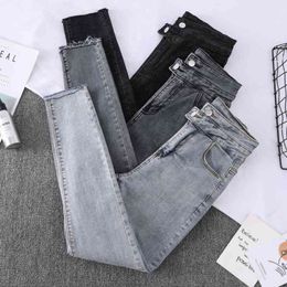 Autumn Casual Double Breasted Solid High Waist Pencil Jeans Women Slim Fit Stretch Denim Pants Long Length 210423