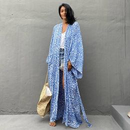 -Damen Badebode Bohemian Beach Badeanzug Cover Up Kimono Blue Leopard Print Pareo Frauen Sommer langer Bikinibluse