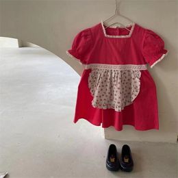 Spring And Summer New Style Baby Girl Fashion Lace Dress Kid Girls Solid Short Sleeve Princess Dresses With Floral Apron 210413