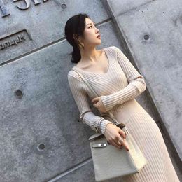 JXMYY new autumn clothes waist slimming mid-length knitted dress fashion temperament over-the-knee sweater base skirt women 210412