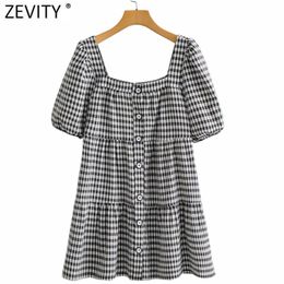 Women Vintage Puff Sleeve Plaid Print Loose Mini Dress Female Chic Square Collar Breasted Pleats Vestidos DS8313 210420