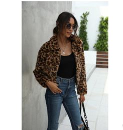 Women's Fur & Faux Leopard Print Jacket With Lapel Zipper Plush Loose And Slim Coat Black Crop