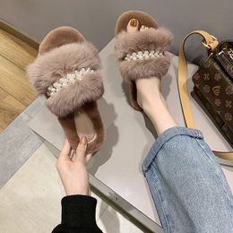 2021 plush slippers fashion new pearl rivets one word soft bottom personality tide shoes in a variety of Colours Factory direct sale