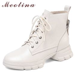 Meotina Winter Ankle Boots Women Natural Genuine Leather Thick Heel Short Boots Buckle Zipper Round Toe Shoes Lady Fall Size 39 210608