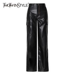 Casual PU Leather Wide Leg Pants For Women High Waist Bottom Split Pocket Back Trouser Female Fashion Stylish 210521