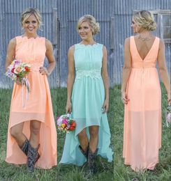 2021 Country Bridesmaid Dresses Bateau Backless High Low Chiffon Coral Mint Green Beach Maid Of Honour Dress For Wedding Party Prom Cheap Gowns