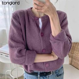 Korea Retro Sweater Tops Autumn Winter Single-Breasted O-Neck Knitted Coats Female Striped Colour Contrast Cardigan Crop Top 210922