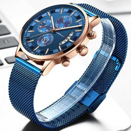 LMJLI - Mens Stylish Watches CRRJU Brand Blue Military Waterproof Sports Watch Men's Casual Mesh Strap Quartz Clock reloj hombre