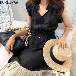 Korejpaa Women Dress Summer Korean Chic Temperament Lace-Up V-Neck Drawstring Flying Sleeves Contrast Stitching Vestidos 210526