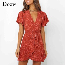 Summer Women Floral Print Ruffle Mini Dresses Boho V Neck Wrap Dress Casual Short Sleeve Beach Sundress Vestidos 210414