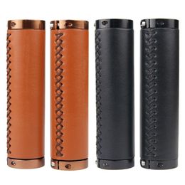 Bike Handlebars &Components 2pcs Leather Handle Cowhide Bicycle Retro Lockablenon-slip Hand-stitched Vintage Alloy Grip Grips