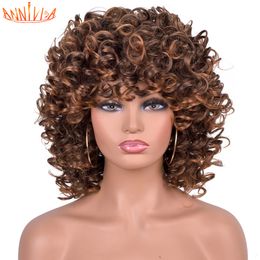 Short Hair Curly Afro Wigs With Bangs For Black Women Synthetic Natural Fluffy Shoulder Length Cosplay Wigs Heat Resistant 12factory direct