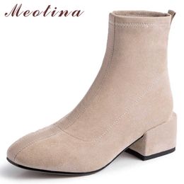 Meotina Women Boots Autumn Ankle Boots Cow Suede Thick Heel Elastic Boots Slip on Square Toe Short Shoes Female Fall Size 34-39 210608