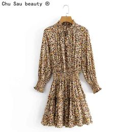 Spring Vintage Cute Fashion Woman Leopard Print Ruffled Long Sleeve Stretch Waist Lace Mini Dresses 210508