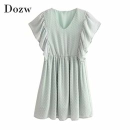 Women Elegant Lace Embroidery Dress Summer V Neck Ruffle Mini Dress Ladies A Line Short Sleeve Sweet Party Dresses Robe 210414