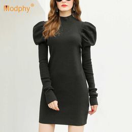 Elegant Bubble Long Sleeve Knitted Ladies Dress Turtleneck Bodycon Mini Sweater Vestidos Party Female Clothing Winter 210527