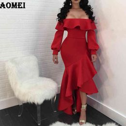 Women Irregularties Sexy Dress Off Shoulder Ruffles Backless Lady Bodycon Christmas Party Tight Evening Dance Dresses Clubwear 210416