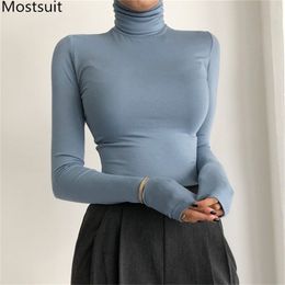 Turtleneck Stretchy Women T Shirt Tops Spring Long Sleeve Slim Solid Fashion Female Tees T-shirts Femme 210513