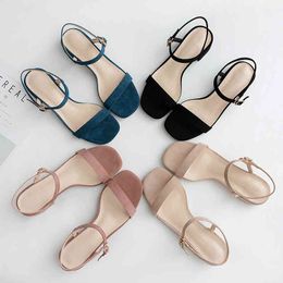 Women Summer Sandals Shoes Female Flock Ankle Straps Square Low Heel Elegant Casual Party Shoes Pumps 210520