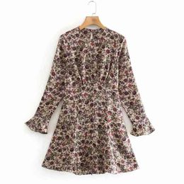 Women Summer Vintage Mini Dress Long Sleeve O-Neck Buttons Satin Floral Print es Female Elegant Sweet Vestidos 210513