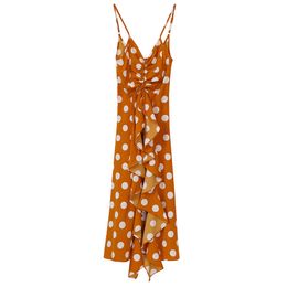 Ginger Yellow V Neck Polka Dot Asymmetrical Ruffle Ruched Bow Spaghetti Strap Long Maxi Dress Holiday Beach D1391 210514