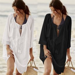 Women Swimsuit Cover Ups Sexy Kaftan Beach Tunic Dress Summer Robe De Plage Solid Cotton Pareo Up #Q363 210420